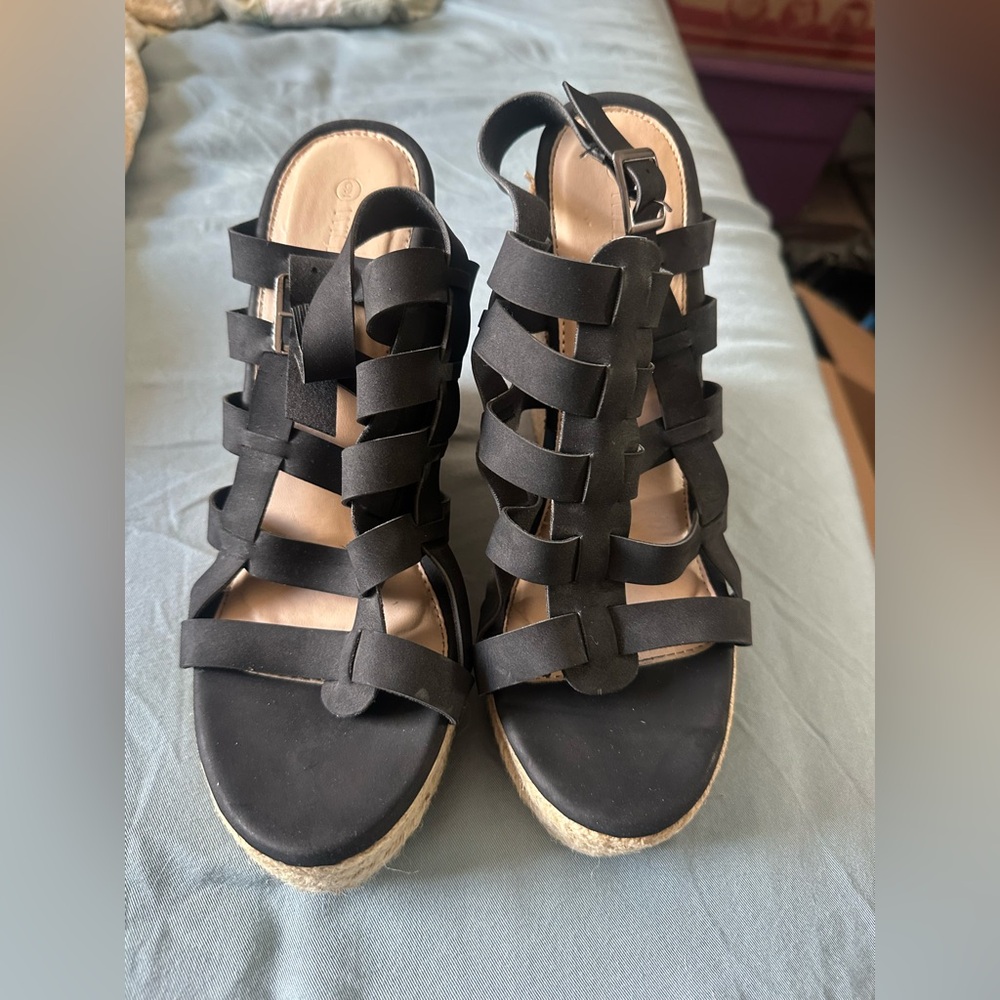 Black Strappy Wedge Sandals